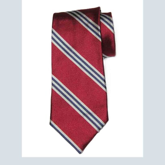 Vintage Liberty of London Silk Tie Red Blue White Repp Stripe Men's Short - Picture 1 of 2